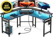 L Shaped Computer Gaming Desk LED Light Strip and 2 USB 3 Charging Port
