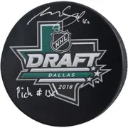 "Akira Schmid New Jersey Devils Autographed 2018 Draft Logo Hockey Puck with ""Pick #136"" Inscription"