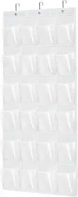 Over the Door Shoe Organizer with 24 Crystal Clear Pockets and Hook - Heavy Duty