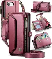 Unichthy For iPhone 16e 2025 Case for Women with Crossbody Strap + Wrist Strap Shockproof Premium Leather Flip Wallet Handbag Zip Purse 5 Card Slots Clutch Bag for iPhone 16e 2025 Claret