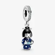 PANDORA Japanese Doll in Blue Kimono Silver dangle Charm 100% Authentic with Box