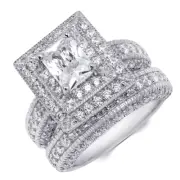 2.5 Carat Emerald Cut Bridal Engagement Ring Set w/ Matching Band Solid Silver