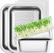 Vesici 4 Pack Sprouting Tray Kit, Stainless Steel Soil Free Cultivation Germination Tray, Seed Sprouting Kit, Wheatgrass Growing Container for Beans Alfalfa Broccoli Seeds Indoors Plant