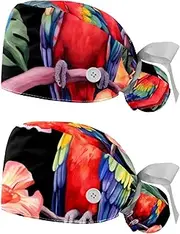 [YTYVAGT] 2-Pc,Nurse Scrub Caps,Scrub Hats with Buttons and Cotton Sweatband,Colorful Parrot Animal Pattern