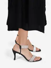 Black Crystal Embellished Ankle Strap Sandals