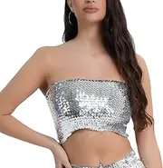 [OOLYXXF] Womens Sparkly Sequins Bandeau Bra Vintage Rave Camis Dance Crop Top Bras Party Music Festival Night Club Wear
