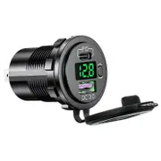 USB C Car Charger Socket 12V/24V Dual USB Outlet PD3.0 QC3.0 Car USB Port with LED Voltmeter-Green Light