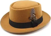 [Hcclijo] Vintage Curved Brim Felt Fedora Hat for Men Women Winter Trilby Jazz Hat Feather Hats