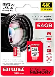 AIWA MSDV30 64GB MicroSDXC Class 10 Class U3 UHS Memory Card with Adapter U3 A2 SDXC IP57 90Mbps