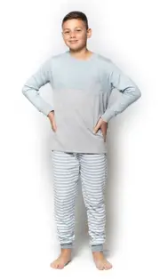 Boys Sizes 8-14 Blue Grey Pocket Long Set PJS Pyjamas