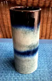 Studio Art Pottery Blue Brown Gray Striped Drip Glaze Vase 10"
