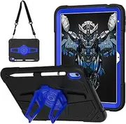 iPad 10th Generation Case, iPad 10.9 Inch Case for Kids with Pencil Holder Kickstand Shoulder Strap Heavy Duty Shockproof Full Body Protective iPad 10th Gen 2022 Released Cover (Black+Blue)