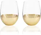 Stemless Wine Glasses, Set of 2, 18 Oz, Gold Honeycomb Design