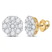 14k Yellow Gold Round Diamond Octagon Cluster Earrings 1-5/8 Cttw