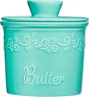 Sheffield Home French Butter Crock with Lid - Home Butter Dish for Countertop - Dishwasher & Microwave Safe - 6oz Capacity - Includes Knife, Turquoise
