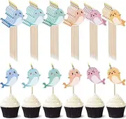 48 Pcs Narwhal Cake Toppers Narwhal Cupcake Toppers Ocean Birthday Party Decorations Supplies Under the Sea Blue Ocean Themed Party Baby Shower Birthday Supplies