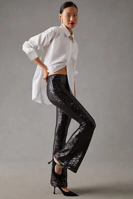 NWT Anthropologie Joni Sequin Flare Pants Black Cocktail Disco Size 6 New