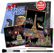 10 PCS Cityscape Scratch Art Book for Teen & Adults: DIY Colorful City Series Painting Paper | ASMR Stress-Relief Engraving Kit Scratchboard | DIY Sketch Card Creative Craft Toy (Travel Landmarks B)