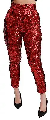 Dolce&Gabbana Women Red Pants 100% Polyester Sequined Cropped Slim Fit Trousers