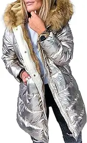 [JEShifangjiusu] Thick Warm Plumon Clothing for Women with Hat Coat for Winter Sew Pike Coat with Artificial Collar, Champagne Color, XL