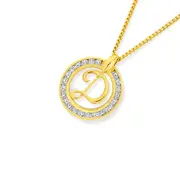 9ct Cubic Zirconia Circle Script Initial D Pendant in Clear