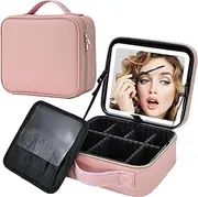 [Jvmoeiee] Travel Make up Bag with LED Mirror Cosmetic Bag with Compartment Makeup Box Organiser Beauty Case Luggage Cosmetic Case Vanity Case, Pink-m, M, Bag Organiser