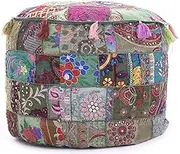 Sophia Art Indian Embroidered Patchwork Cover Indian Decorative Pouf Indian Comfortable Floor Cotton Cushion Ottoman Pouf,Indian Designs Ethnic Patchwork Pouf (Gary, 18"x13")