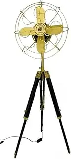 Vintage Brass Antique Tripod Floor Fan with Wooden Stand – Elegant Home Décor Piece.