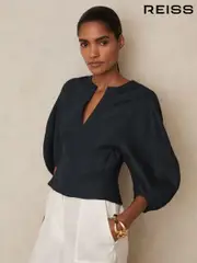 Reiss Navy Remi Linen Balloon-Sleeve Top (F95860) | $265