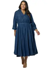 [Indigo Tonic] Thalia Chambray Wrap Midi Dress in Dark Wash