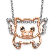 Sterling Silver Cheryl M Rose Gold-Plated Brilliant-Cut Black Glass And White Cz Flying Pig 18 Inch Necklace