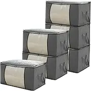 6 Pack Clothes Storage Bag Organizer, 90L Large Storage Box with Lid, Packing Boxes for Moving House with Reinforced Handle Thick Fabric Clear Window for Clothes Duvet Blankets Bedding