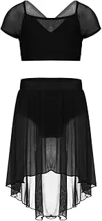 [Choomomo] Kids Girls Lyrical Latin Dance Outfit Cap Sleeve Cutout Back Crop Top with Mesh High Low Skirt Set