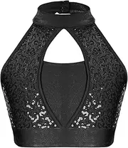 [Jhaoyu] Kids Girls Sparkly Sequin Crop Top Sleeveless Halter Neck Tank Top Hip Hop Jazz Latin Dance Costume