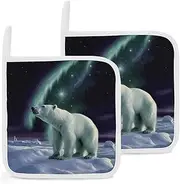 Pot Holders for Kitchen Resistant Potholder Set Hot Pads Polar Bears Northern Lights Printed Oven Pot Holders for Cooking and Baking 2 Pack