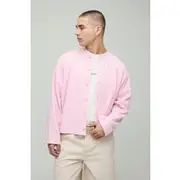 Mens Pink Oversized Boxy Waffle Cropped Button Cardigan