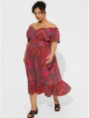 Torrid WomensTea Length Midi Smoked Neck Dress Patchwork Peasant Boho Size 2X