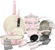 Grip Healthy Ceramic Nonstick, 16 pc Cookware Pots and Pans Set, PFAS-Free, Dishwasher Safe, Soft Pink