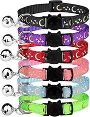 6 PCS Breakaway Cat Collars with Bell Golden Moon Glowing Star in The Dark for Kitten