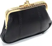 [Generic] Women Soft 100% Leather Mini Wallet ID Credit Cards Cash Coin Holder Case Organizer Purse Framed & Zipper Closures -BLACK, Black, Small, Double Snap Kiss Lock