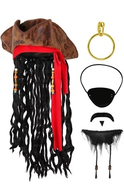 Adult Distressed Caribbean Pirate Hat w/Beaded Dreadlocks, Mustache & Earrings