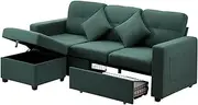 [OIKITURE] 3 Seater Sofa Sectional Plush Padded Seat, 192cm Width Modular Couch with Ottoman, Modern Sofa Couch with Extra Underseat Slide-Out Drawers for Living Room, Bedroom, Velvet Green