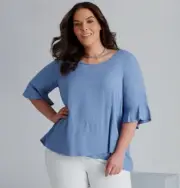 Autograph Top Plus Size 24 Blue Elbow Ruffle Sleeve Crossover Layer Hem Viscose