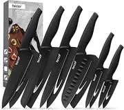 hecef Black Oxide Knife Set of 6 with Matching Blade Protective Sheath, Black Kitchen Knife Set, Scratch Resistant & Rust Proof, Hard Stainless Steel, Non Stick Black Color Coating Blade Knives