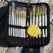 18Pce Artist Brush Set. Acrylics/Watercolor. Sponge, Palette Knife, Case. #e3