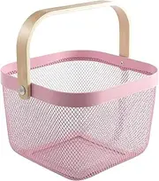 SHENMAIDAY Metal Mesh Steel Storage Organizer Basket - Multi-functional Hanging Kitchen Fruit Bin With Bamboo Handle for Bathroom, Picnic - White (Pink)