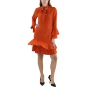 Tahari ASL Womens Orange Pleated Mini Tie Neck Shift Dress 4 BHFO 9805
