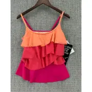 Miraclesuit Tankini Womens 8 Coral Pink Tiered Ruffle Swim Top Built in Bra NWT