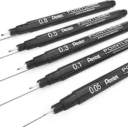 Pentel S20P Pointliner Pigment Liner Technical Drawing Fineliner Pens - 1 of Each Grade - Black Ink - Pack of 5