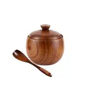 Wooden salt shaker,suger bowl,pepper container bowl pot with lid and spoon